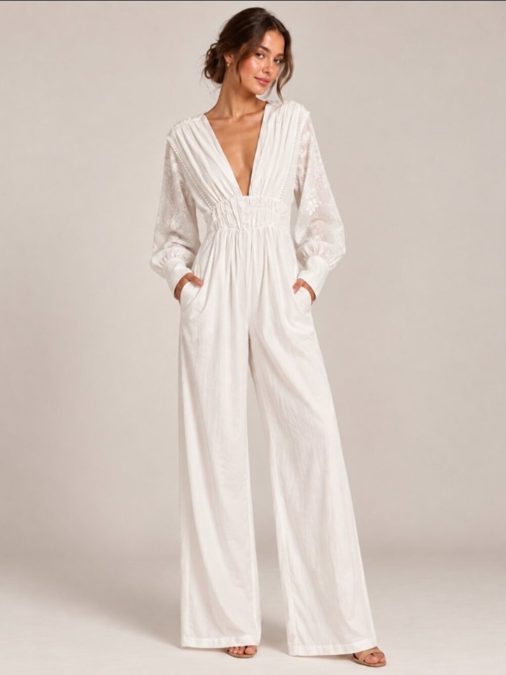 YLLW The Label Aliah White Embroidered Sleeve Cotton Jumpsuit Size M NWT